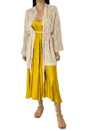 Cardigan donna traforato over e bordo frangia manica lunga e cintura in tessuto integrata