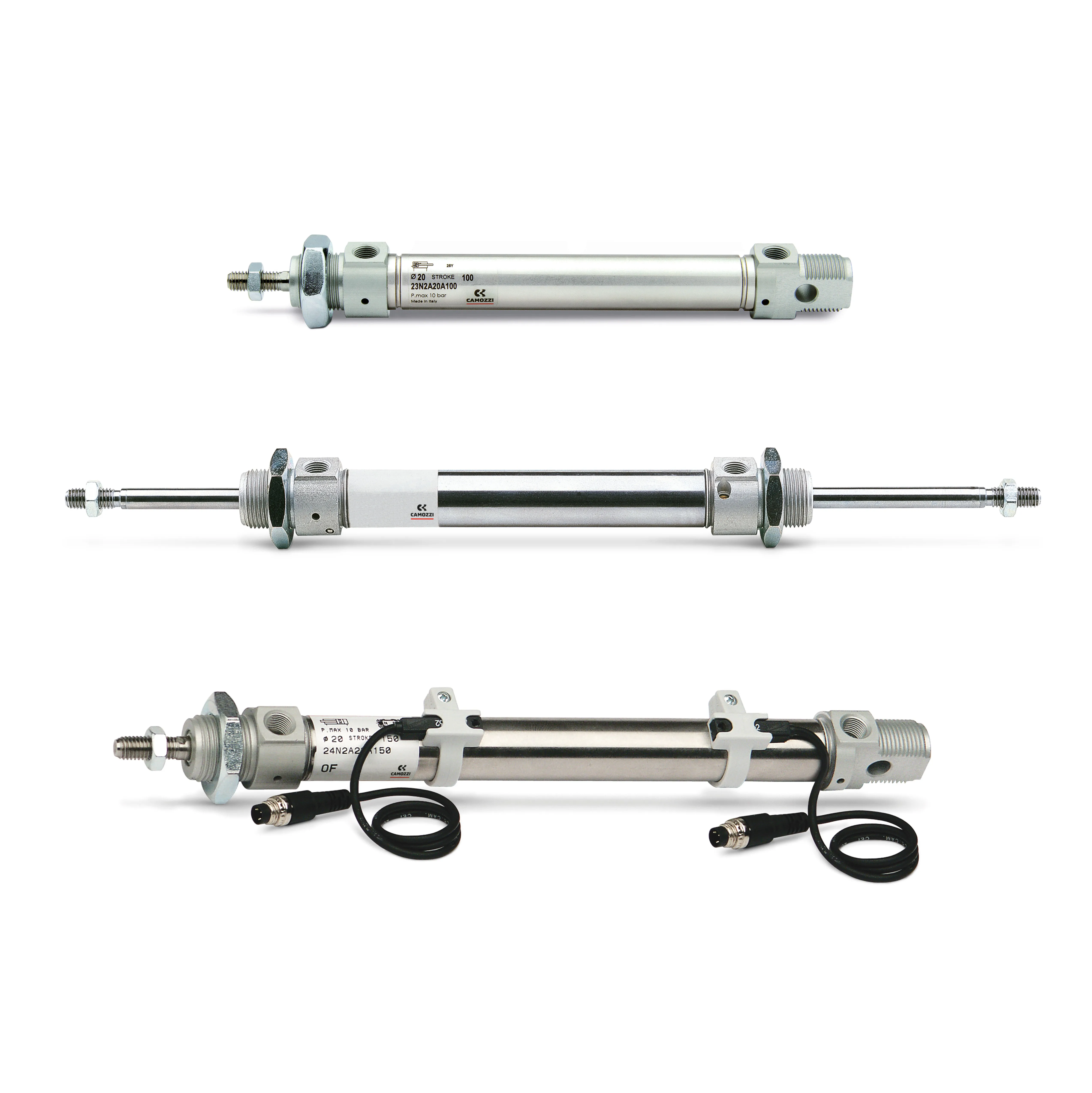 Cilindro pneumatico a stelo Camozzi 24 24N2A16A080, Doppio effetto, foro da 16mm, corsa 80mm