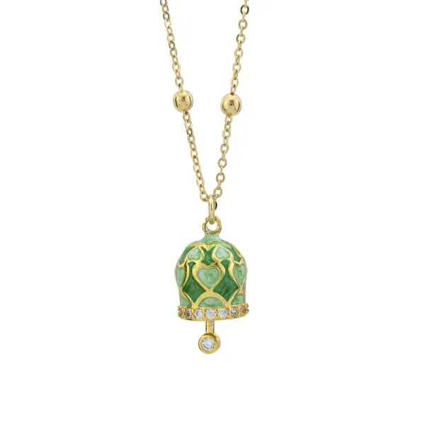 CL/GR14 Collana placcata oro giallo con campanella portafortuna verde    
