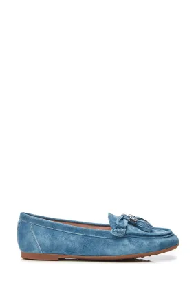Moda in Pelle Blu - Famina - Mocassini foderati con Fiocco punta quadrata e nappe